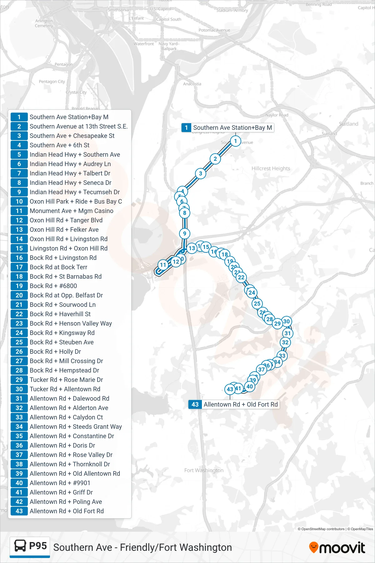 P95 bus Line (Friendly) route and stops on a map