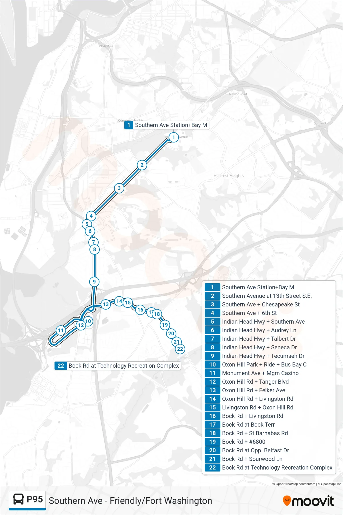 P95 bus Line (Bock Road Tech & Rec Complex) route and stops on a map
