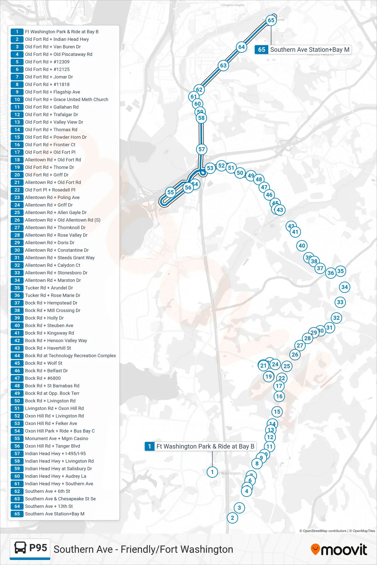 P95 bus Line (Southern Avenue Station) route and stops on a map
