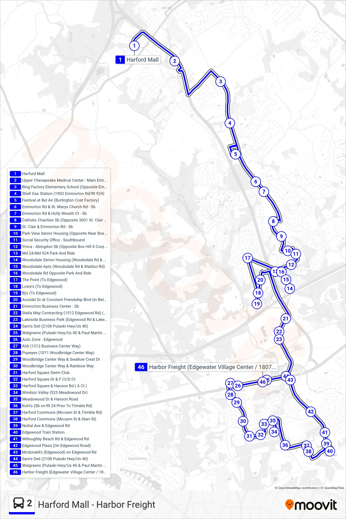 2 bus Line (Southbound) route and stops on a map