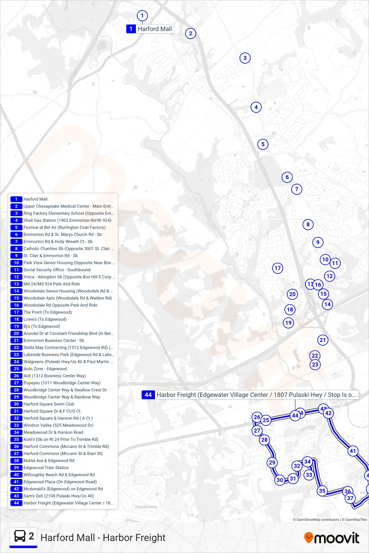 2 bus Line (Southbound) route and stops on a map