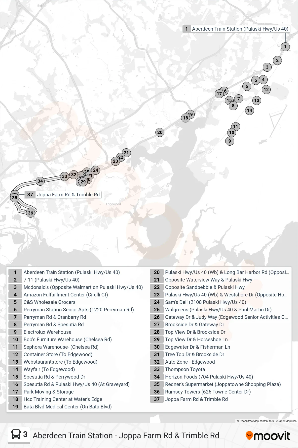 3 bus Line (Westbound) route and stops on a map
