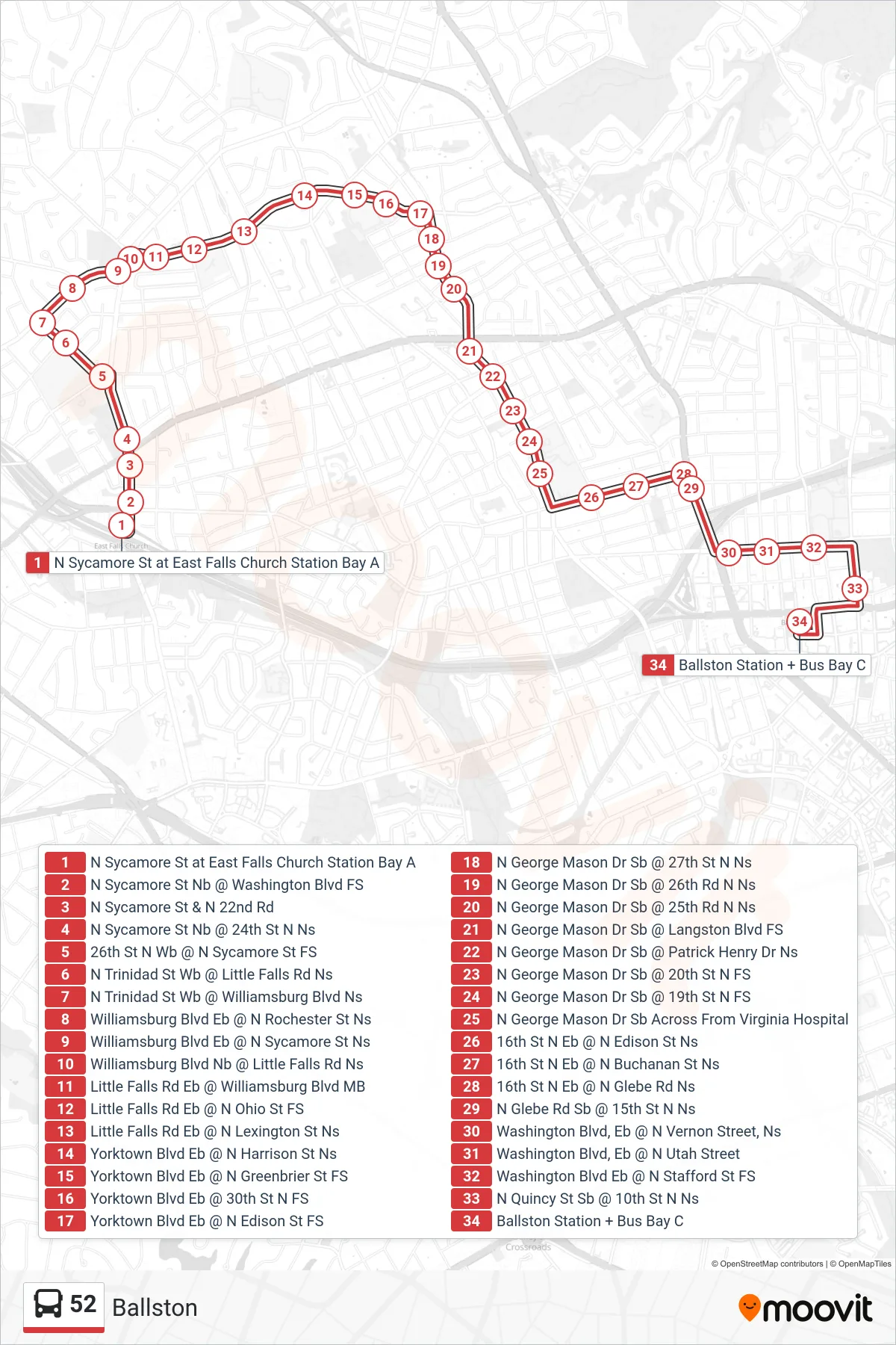 52 bus Line (Ballston) route and stops on a map