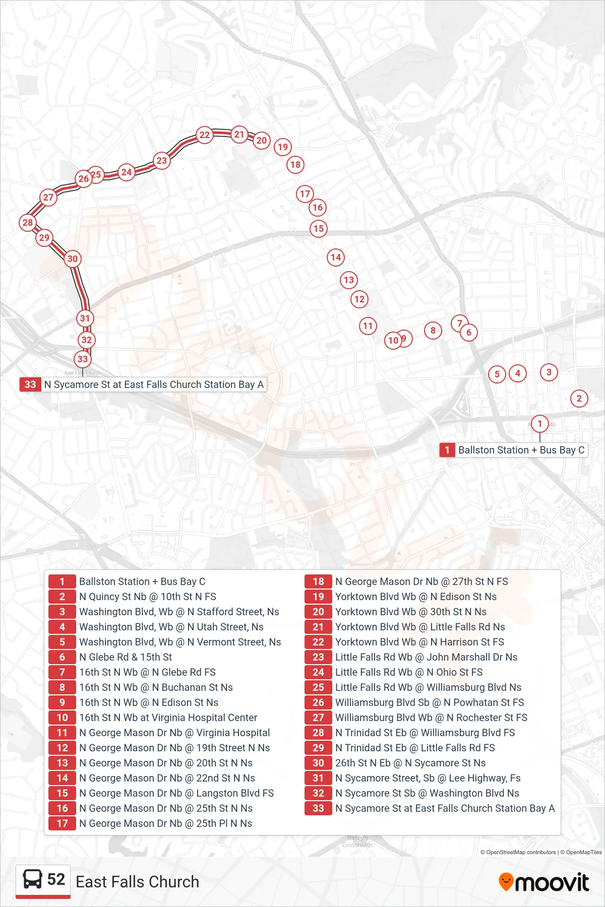 52 bus Line (East Falls Church) route and stops on a map