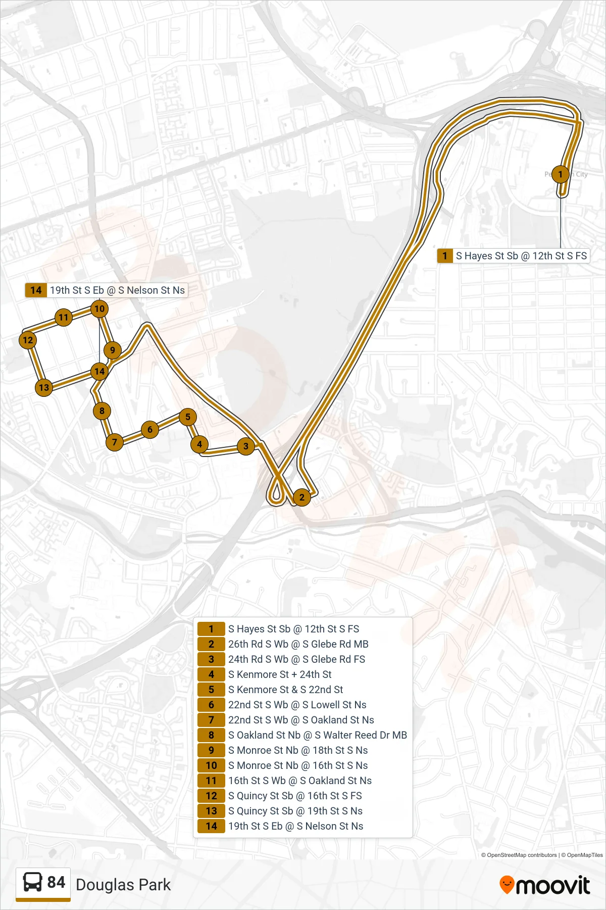 84 bus Line (Douglas Park) route and stops on a map