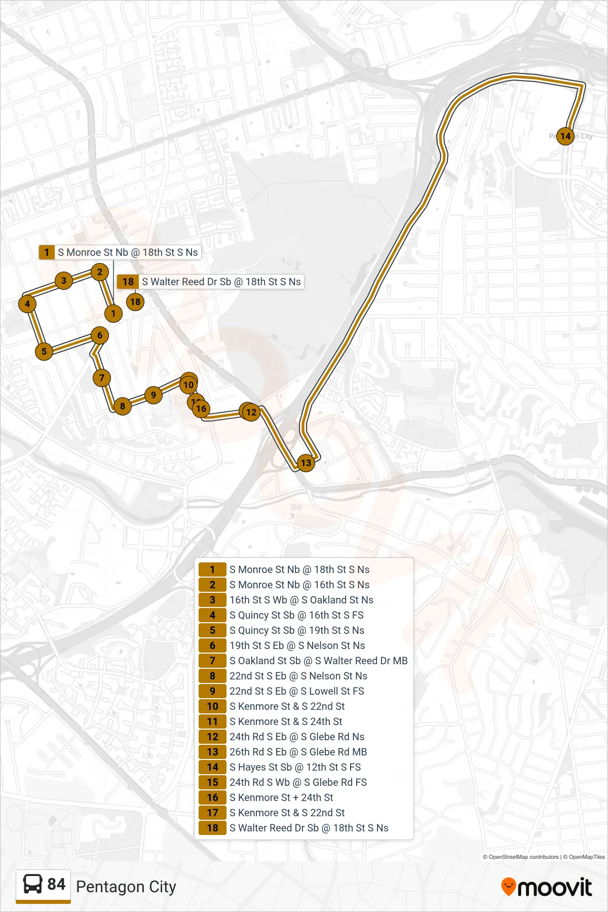 84 bus Line (Pentagon City) route and stops on a map