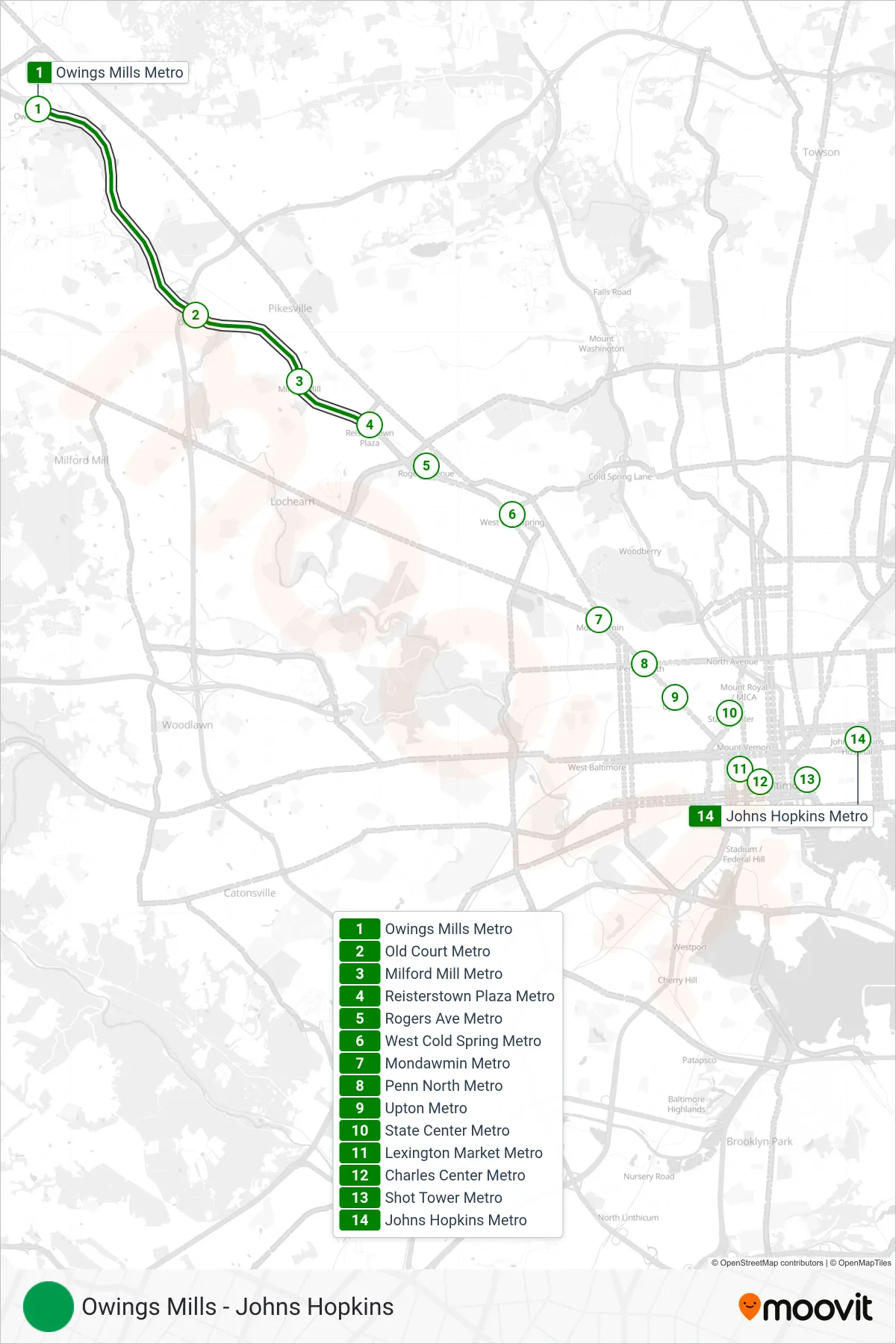 METRO subway Line (Towards John Hopkins) route and stops on a map