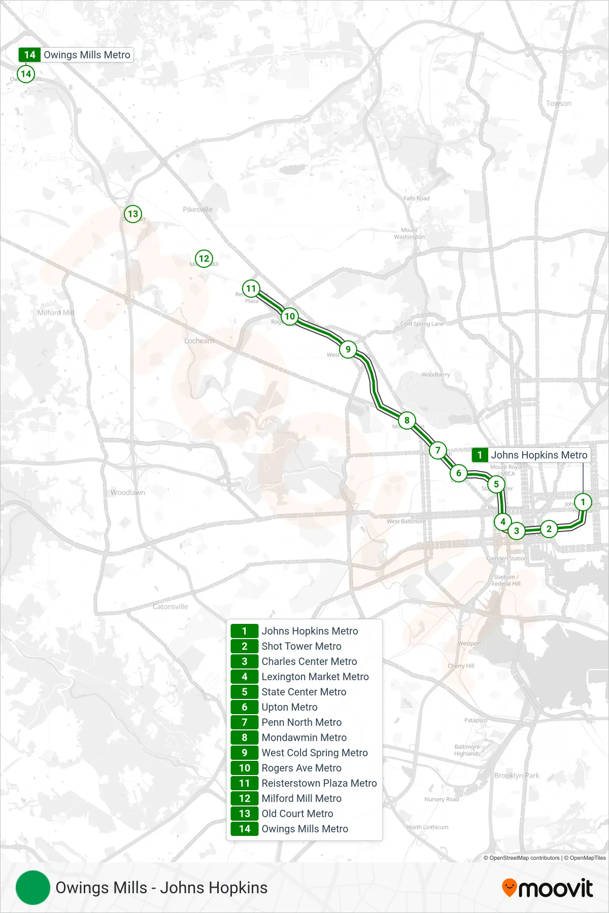 METRO metro Line (Towards Owing Mills) route and stops on a map