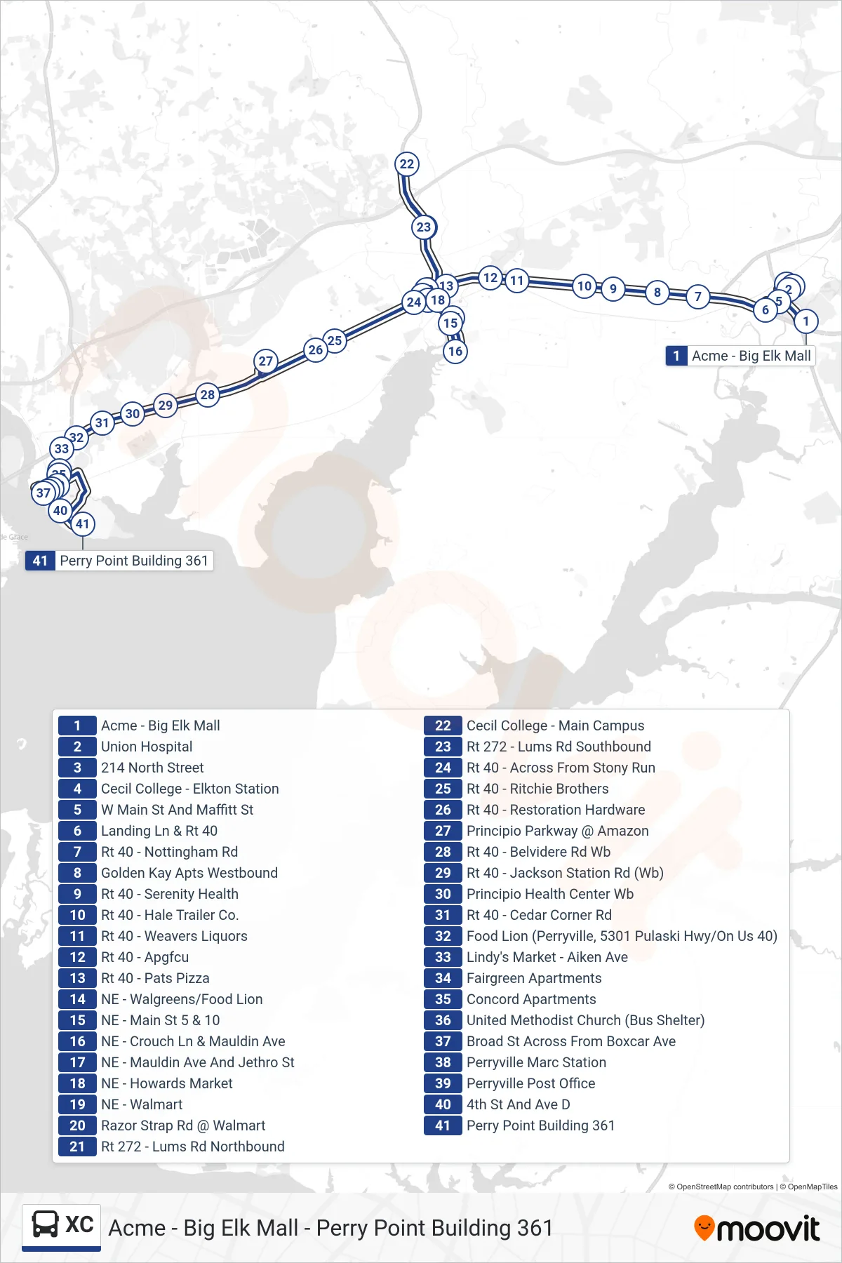 XC bus Line (Perry Point Building 361) route and stops on a map