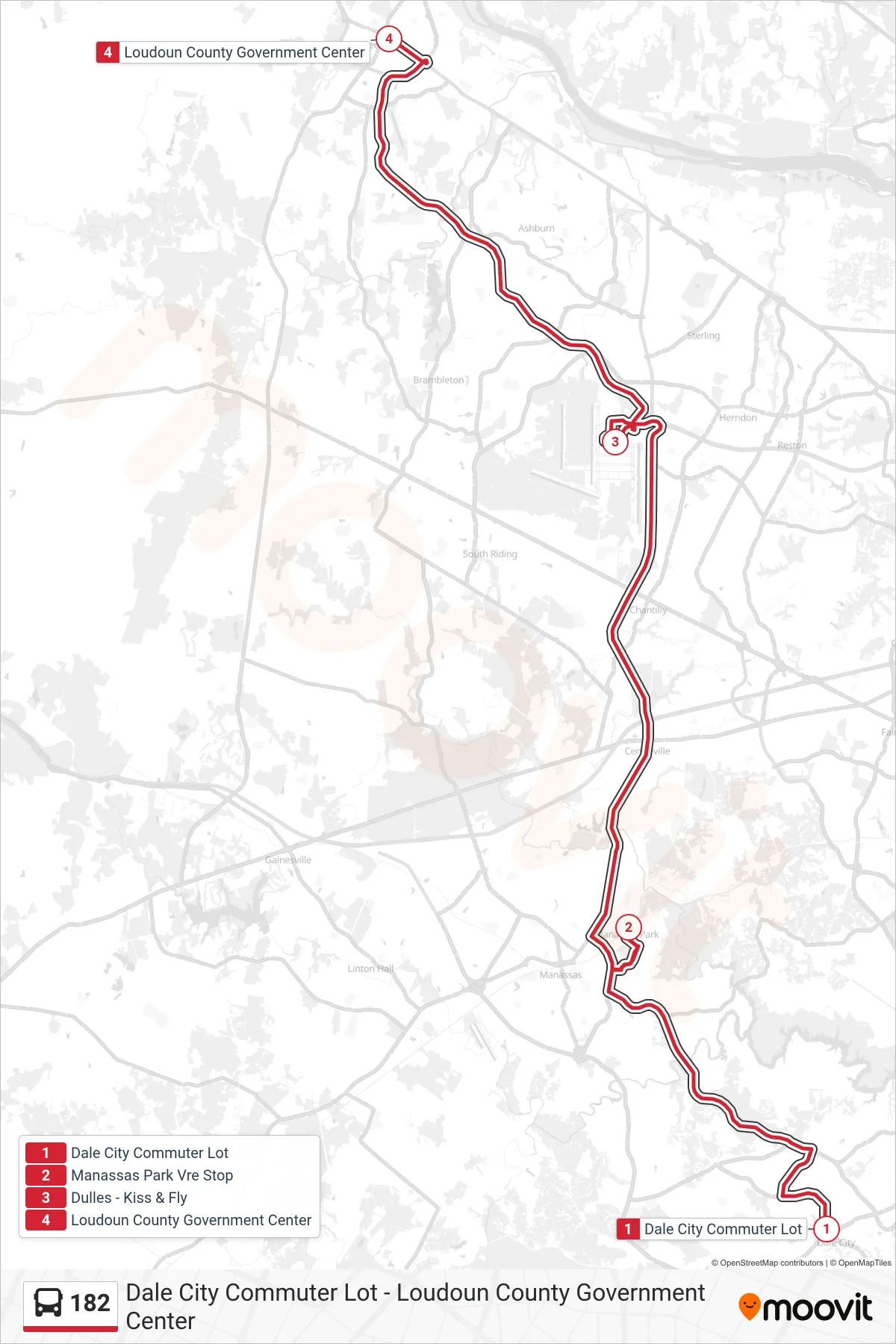 182 bus Line (Dulles Airport And Leesburg) route and stops on a map
