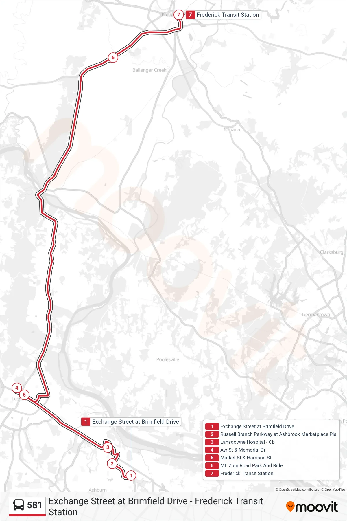 581 bus Line (Mt Zion Lot/Frederick Md) route and stops on a map