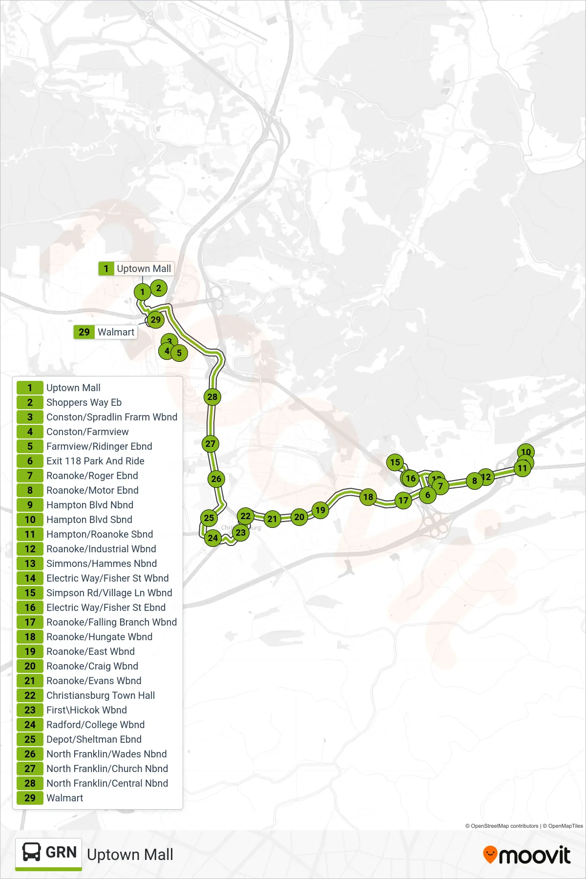 GRN bus Line (Uptown Mall) route and stops on a map