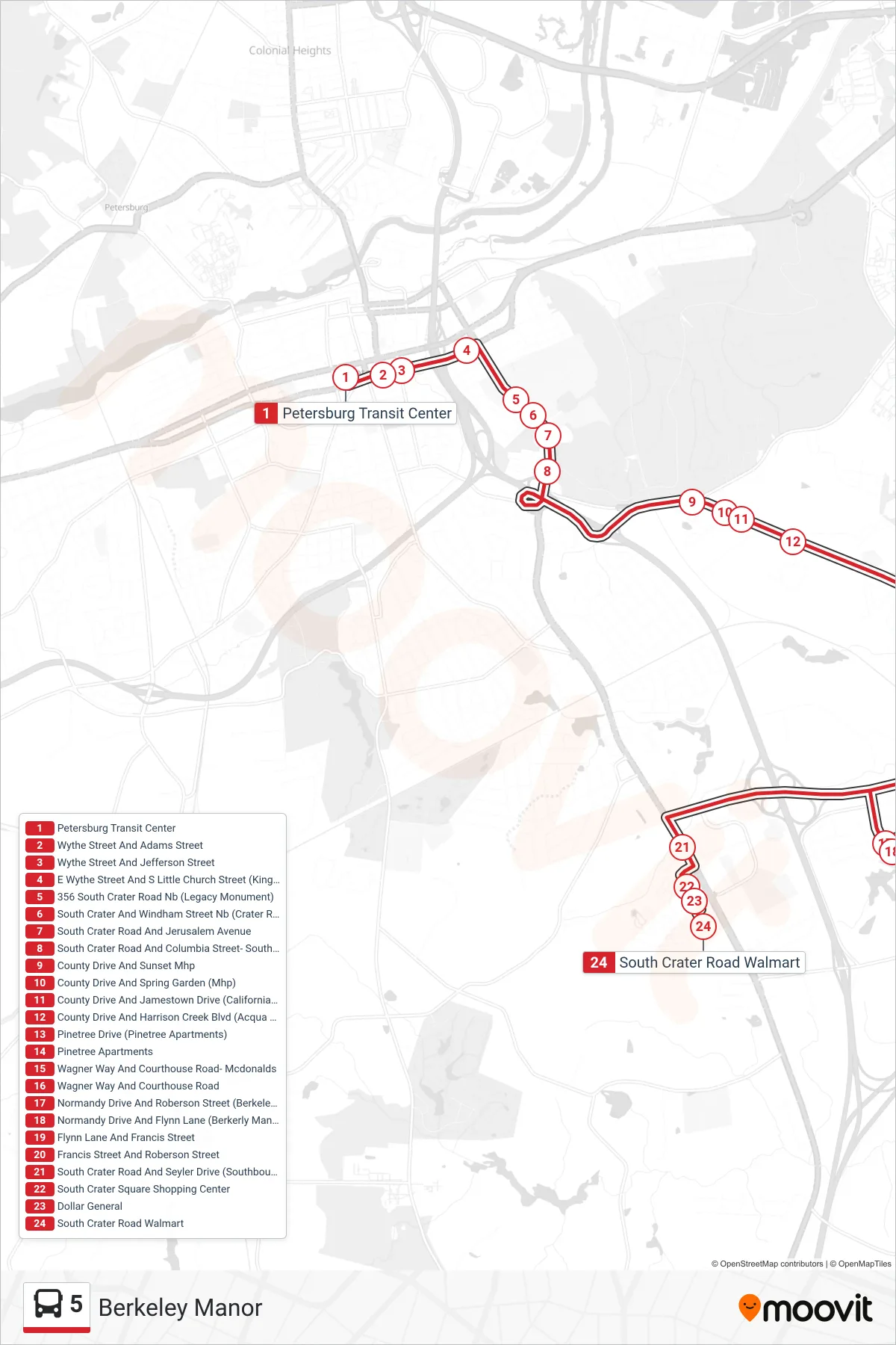 5 bus Line (Berkeley Manor) route and stops on a map