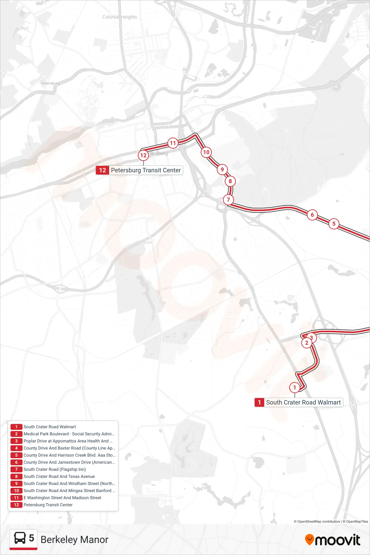 5 bus Line (Berkeley Manor) route and stops on a map