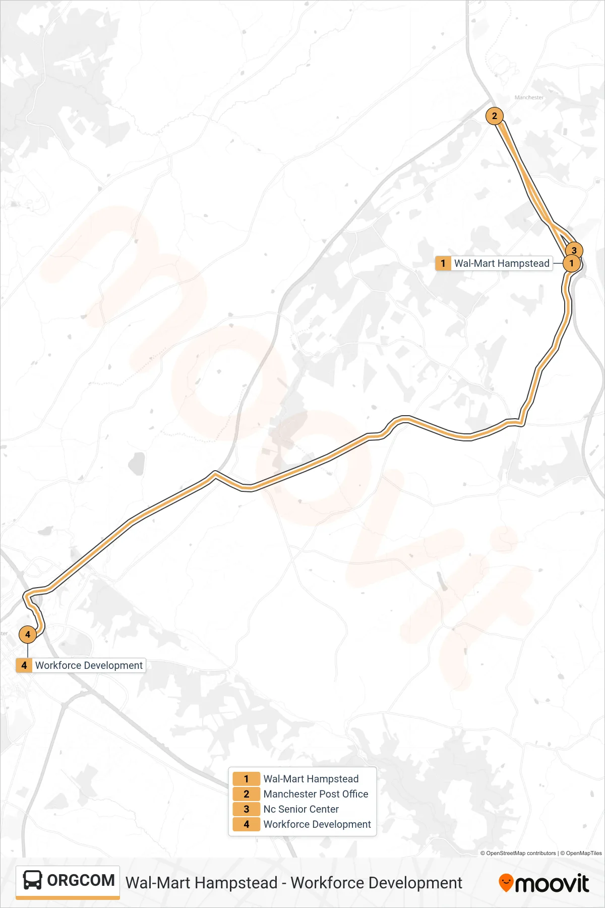 ORGCOM bus Line (Workforce Development) route and stops on a map