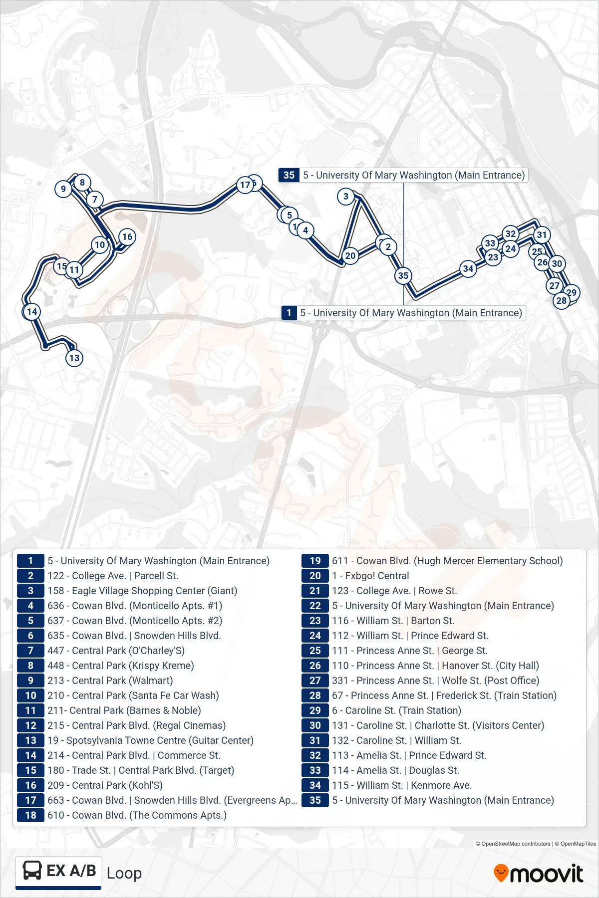 EX A/B bus Line (Loop) route and stops on a map