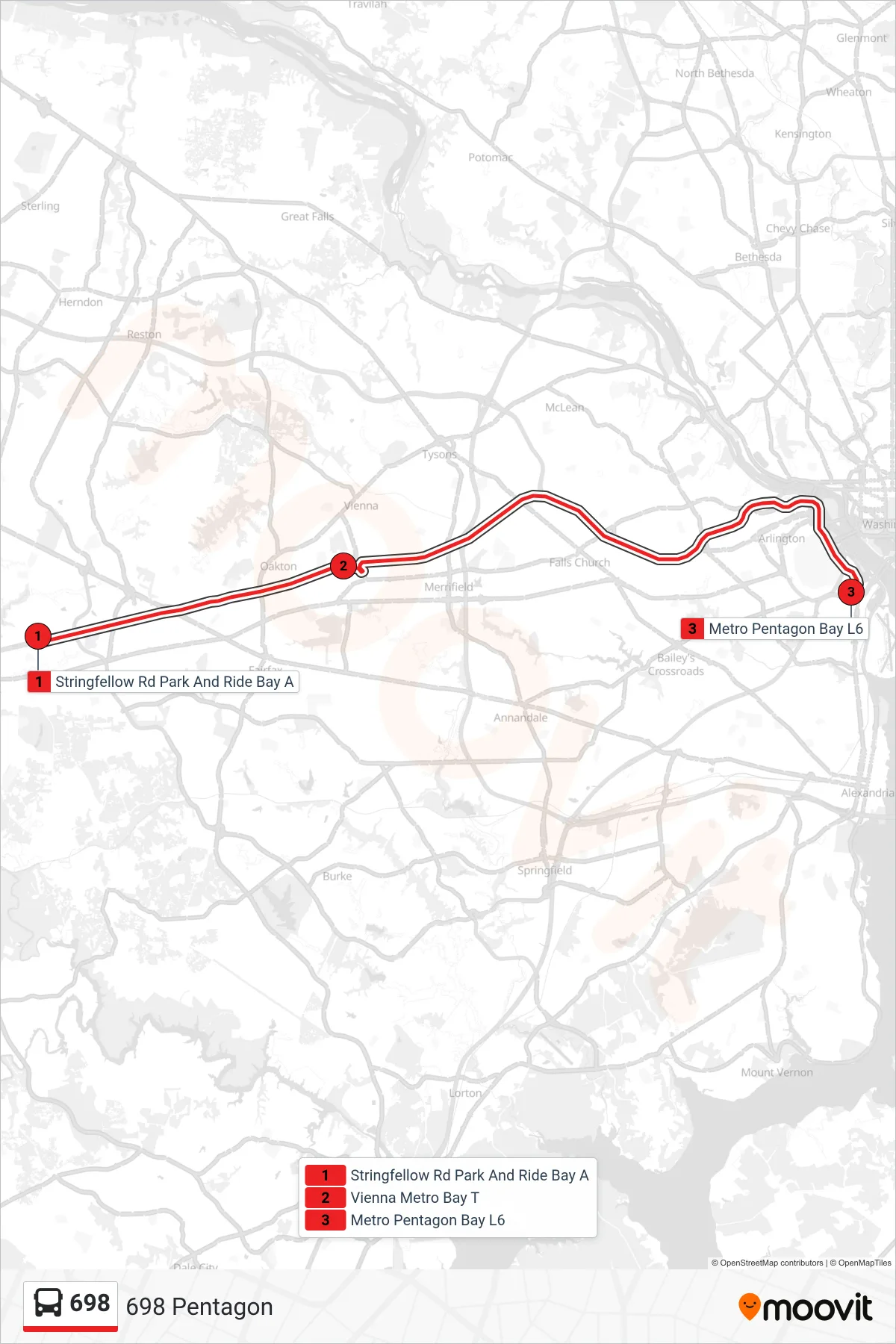 698 bus Line (698 Pentagon) route and stops on a map