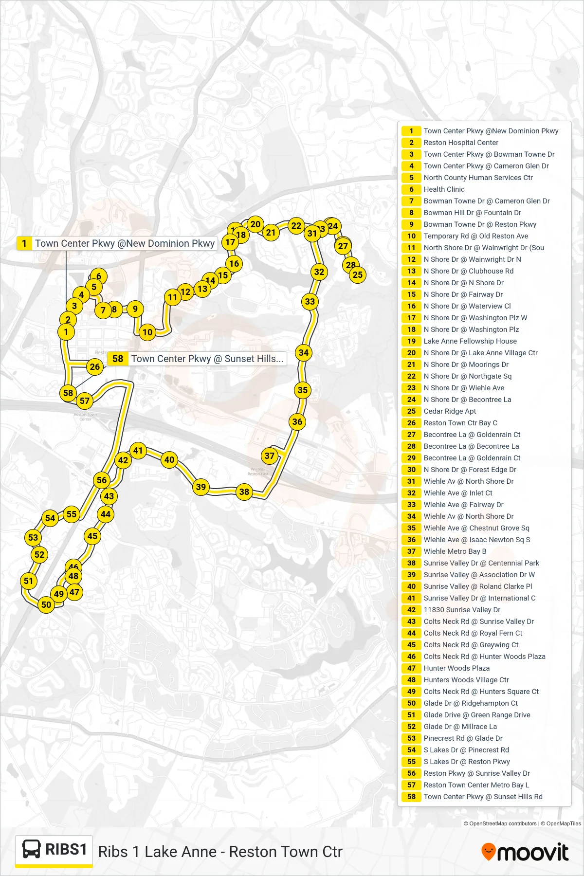 RIBS1 bus Line (Ribs 1 Lake Anne - Reston Town Ctr) route and stops on a map