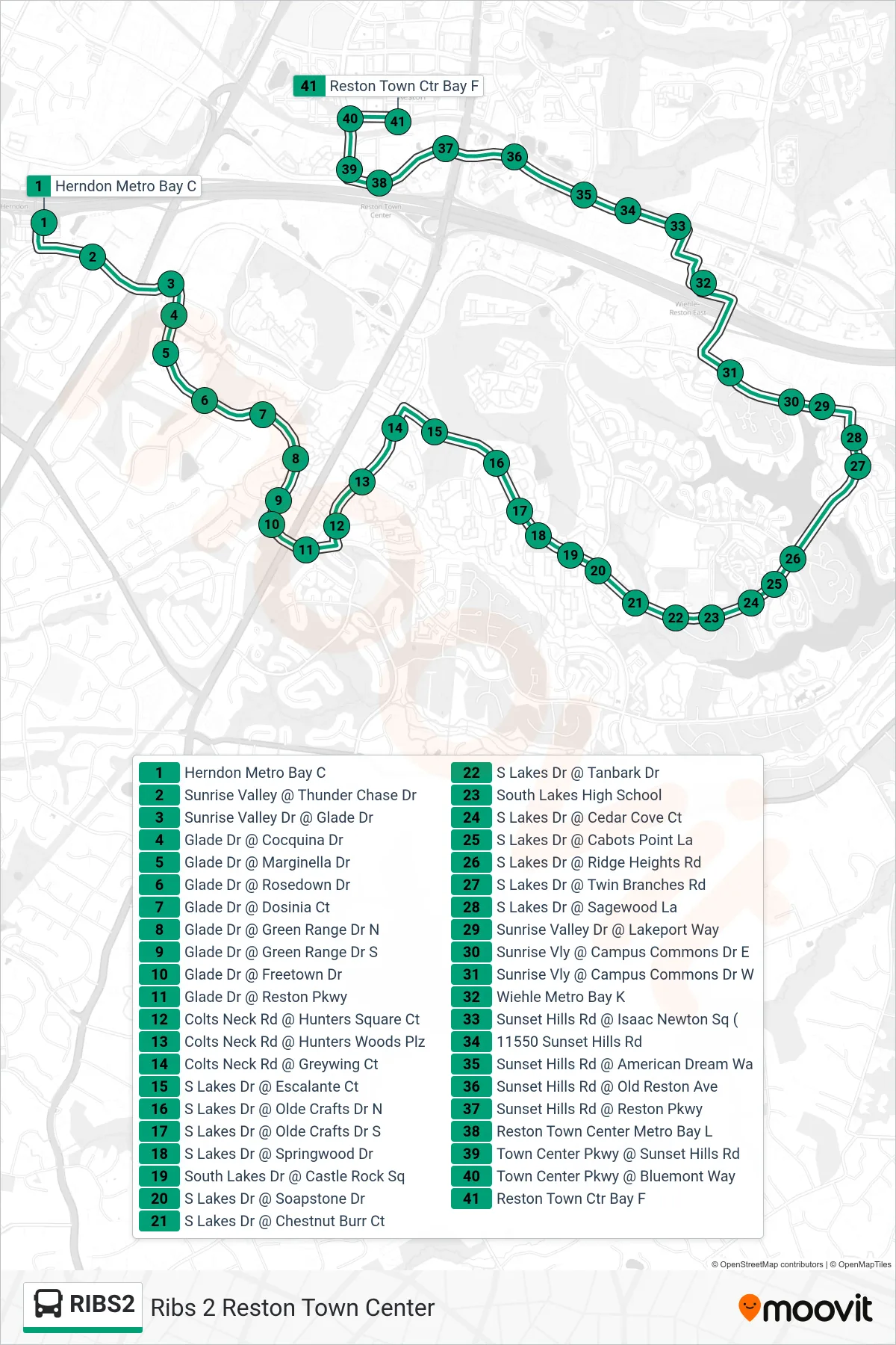 RIBS2 bus Line (Ribs 2 Reston Town Center) route and stops on a map