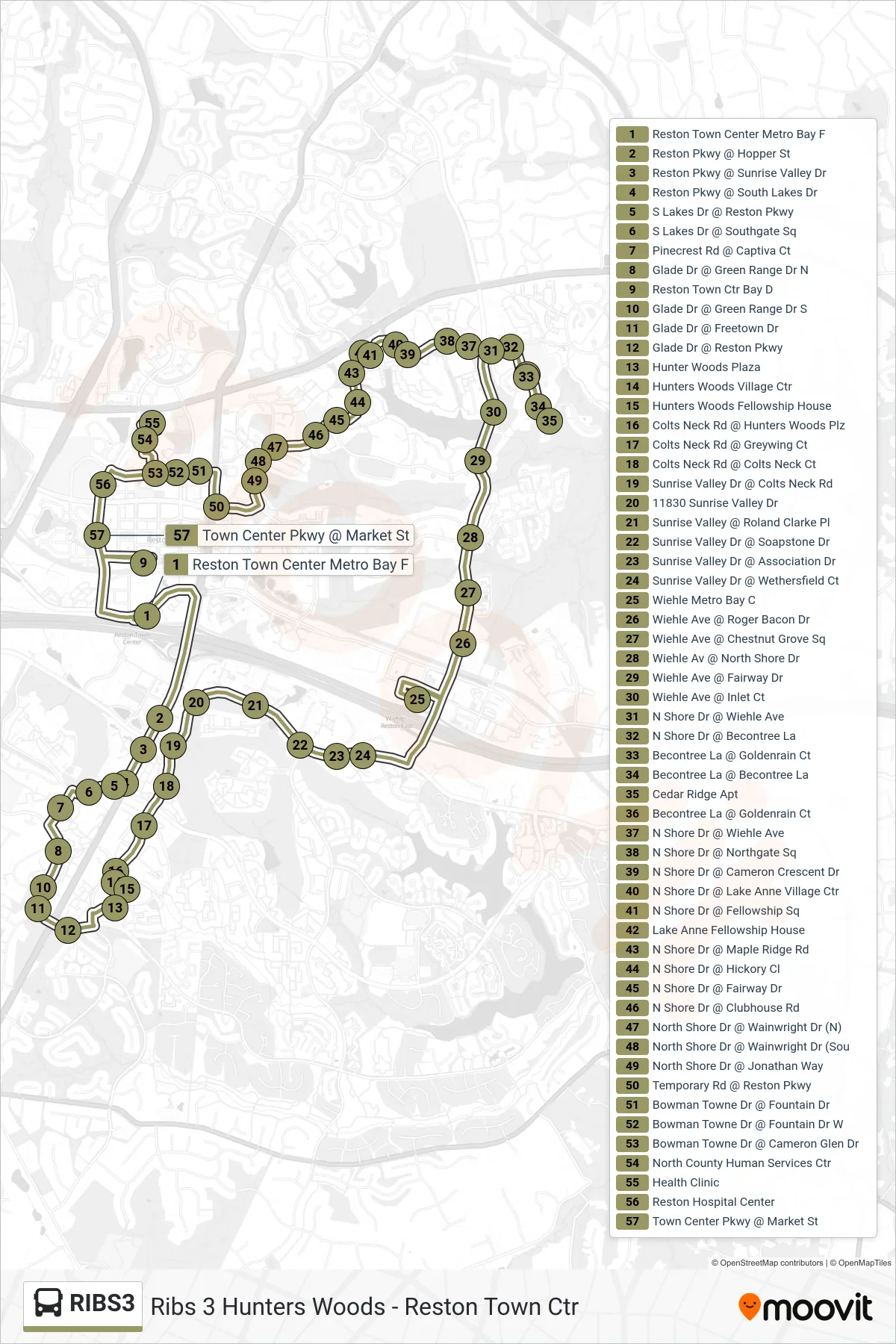 RIBS3 bus Line (Ribs 3 Hunters Woods - Reston Town Ctr) route and stops on a map
