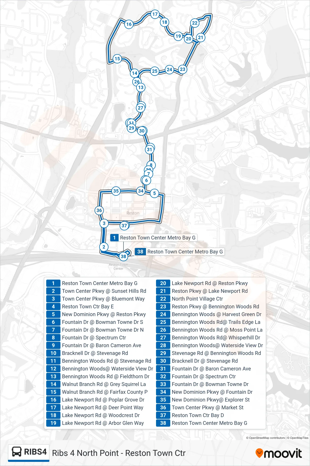 RIBS4 bus Line (Ribs 4 North Point - Reston Town Ctr) route and stops on a map