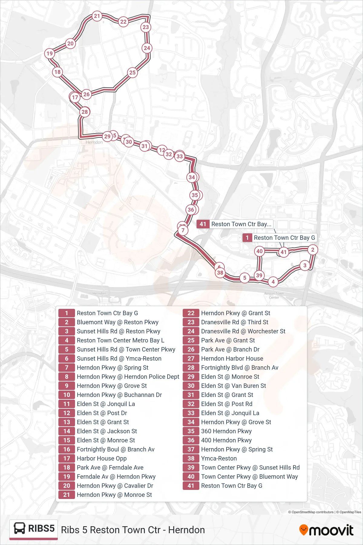 RIBS5 bus Line (Ribs 5 Reston Town Ctr - Herndon) route and stops on a map