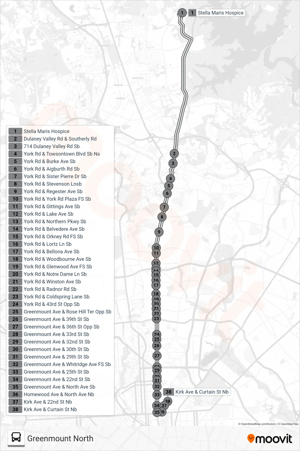 52 bus Line (Greenmount North) route and stops on a map