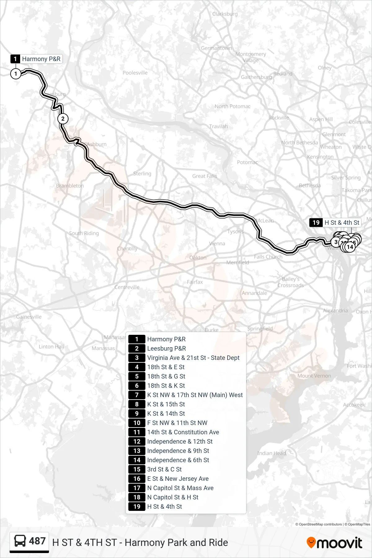 487 bus Line (Dc All Stops) route and stops on a map