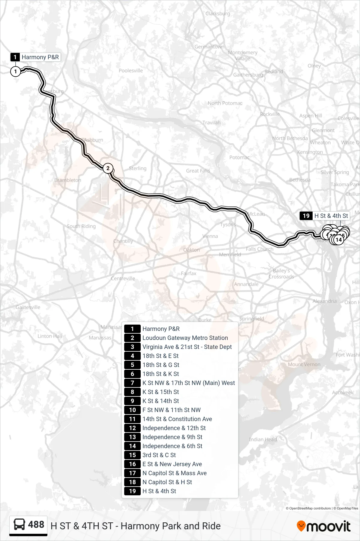 488 bus Line (Dc All Stops) route and stops on a map