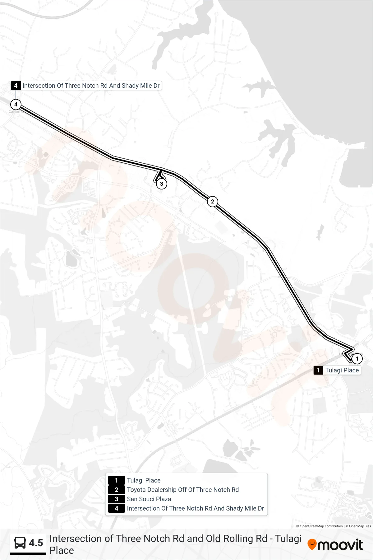 4.5 bus Line (Intersection Of Three Notch Rd And Shady Mile Dr) route and stops on a map
