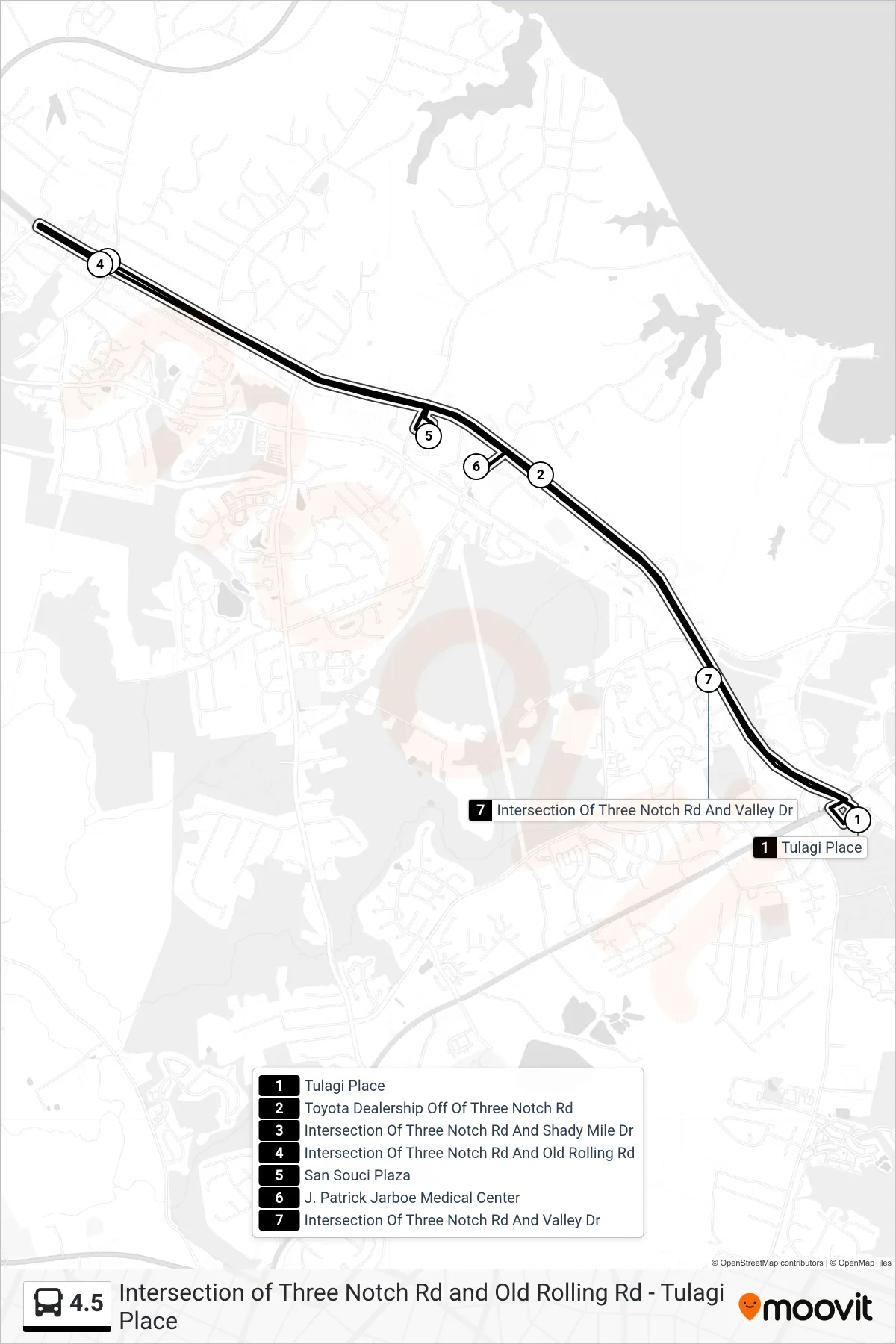 4.5 bus Line (Tulagi Place) route and stops on a map