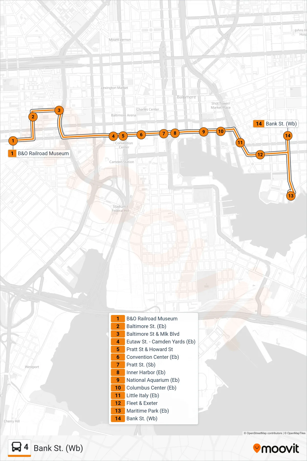 4 bus Line (Bank St. (Wb)) route and stops on a map
