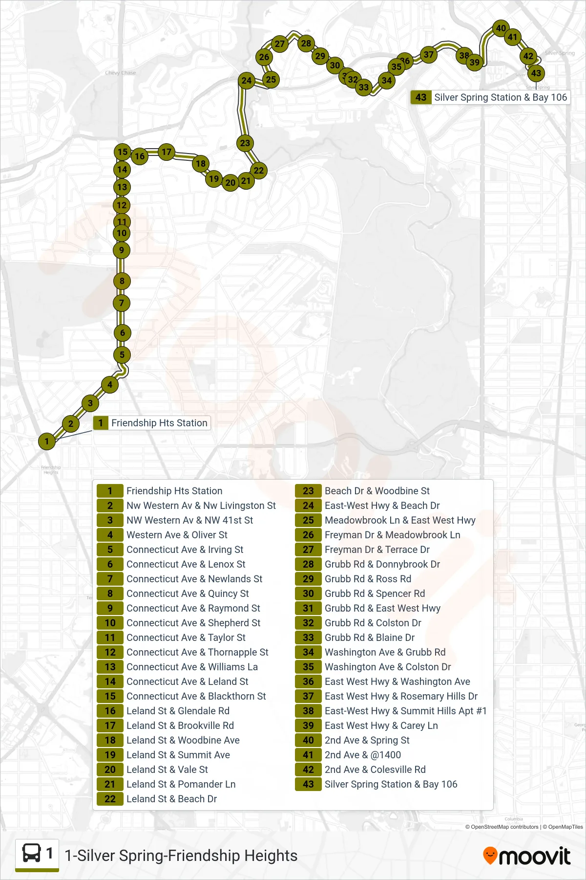 1 bus Line (Silver Spring Via Leland) route and stops on a map