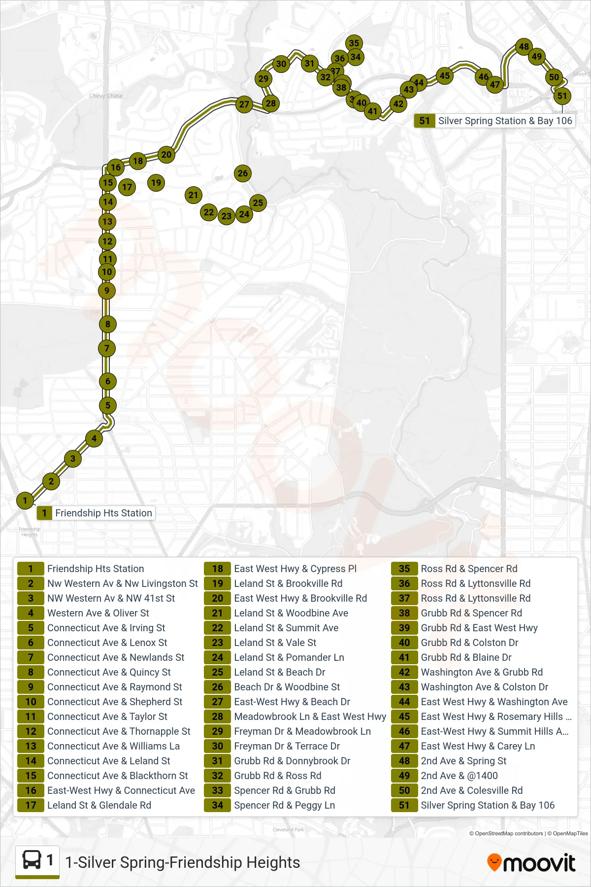1 bus Line (Silver Spring) route and stops on a map