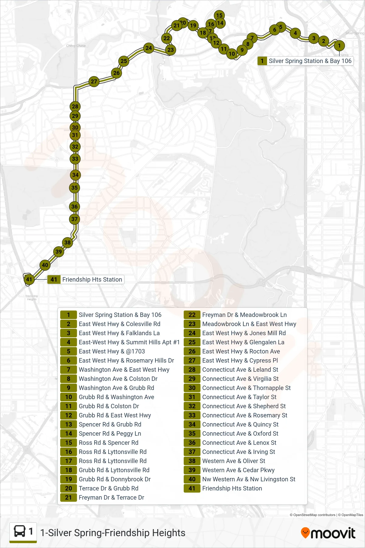 1 bus Line (Friendship Heights) route and stops on a map