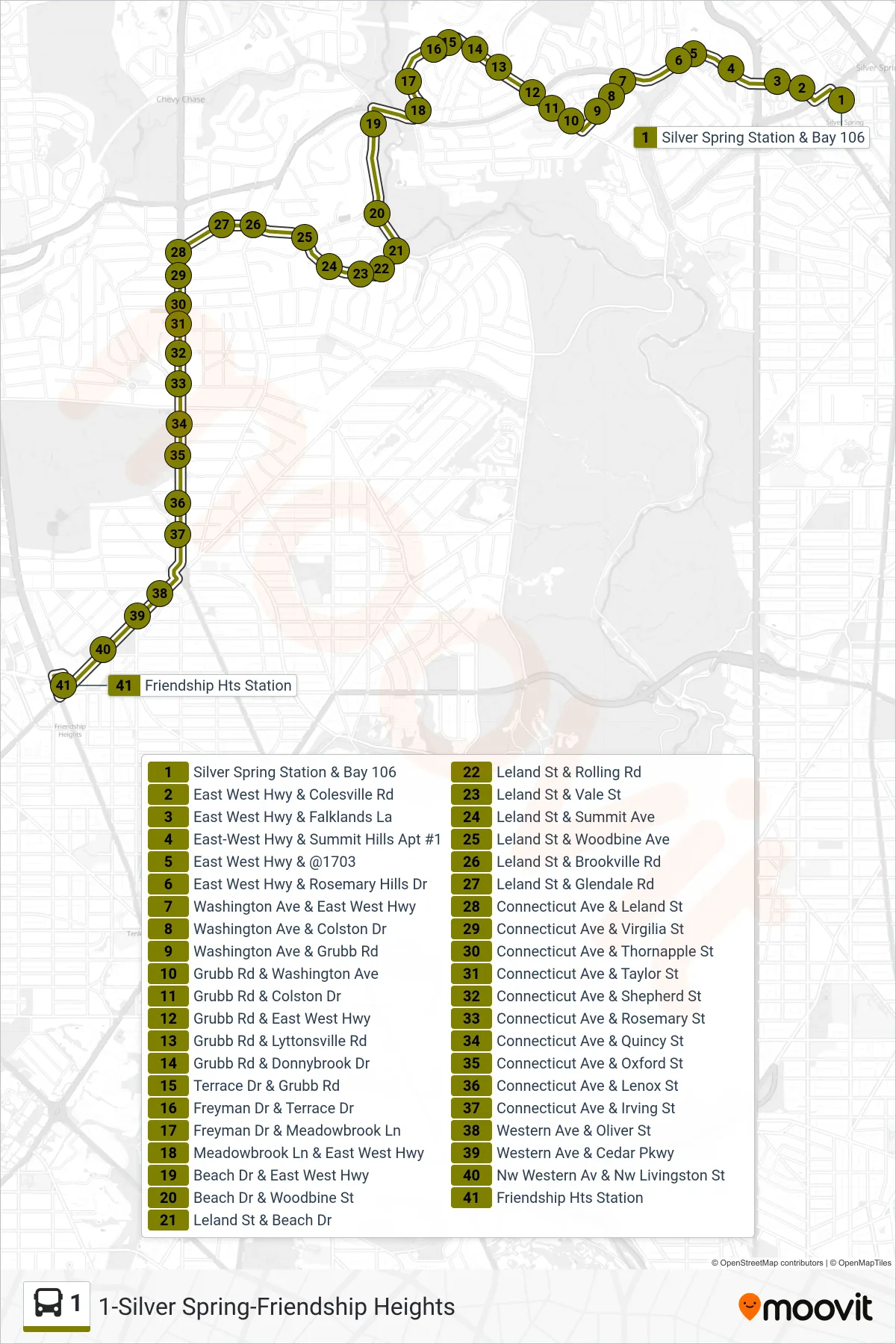 1 bus Line (Friendship Heights Via Leland) route and stops on a map