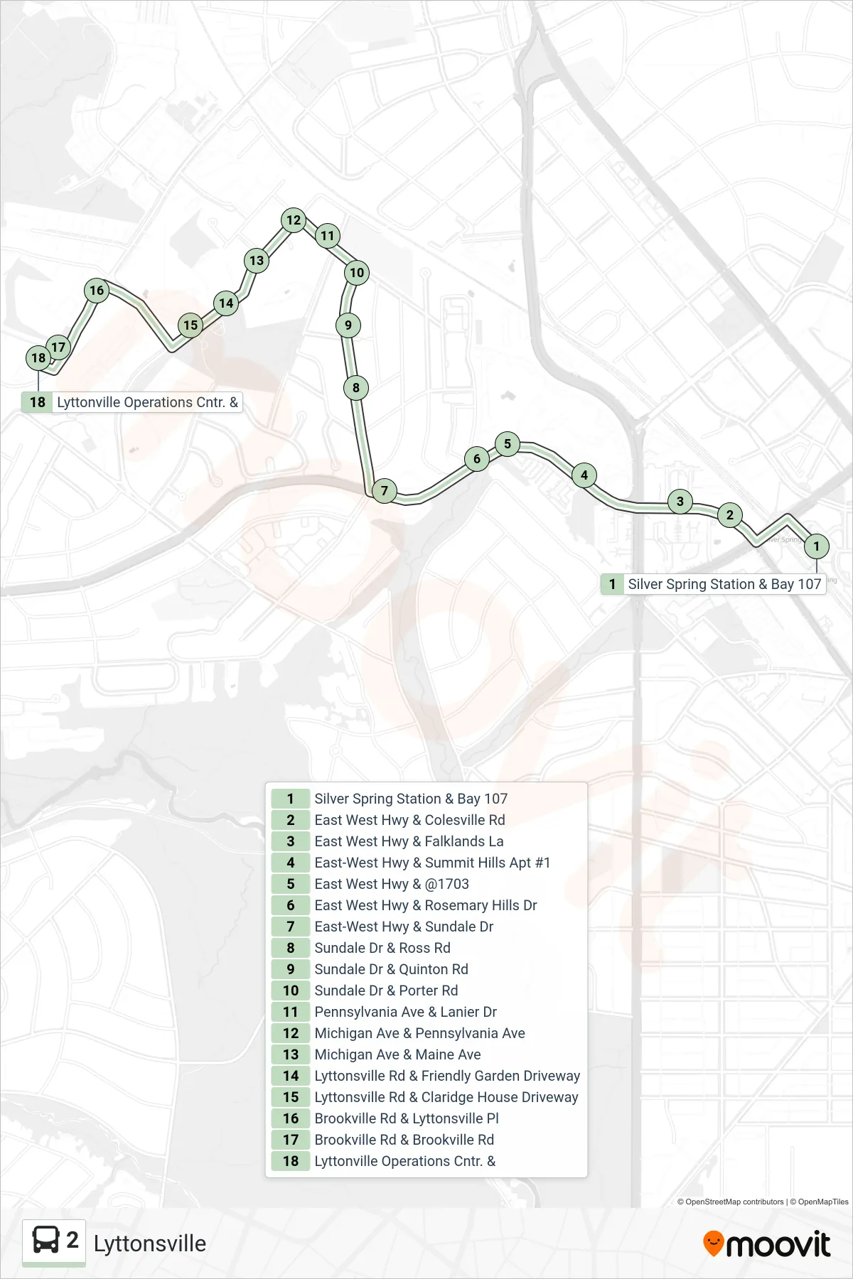 2 bus Line (Lyttonsville) route and stops on a map