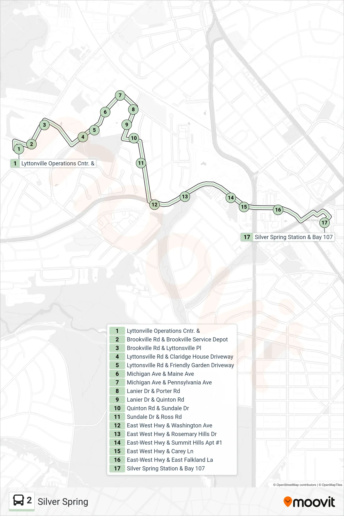 2 bus Line (Silver Spring) route and stops on a map