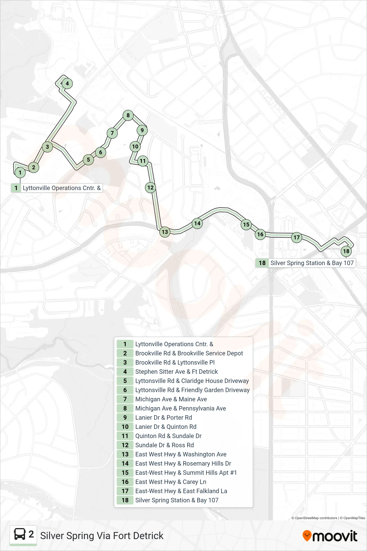 2 bus Line (Silver Spring Via Fort Detrick) route and stops on a map