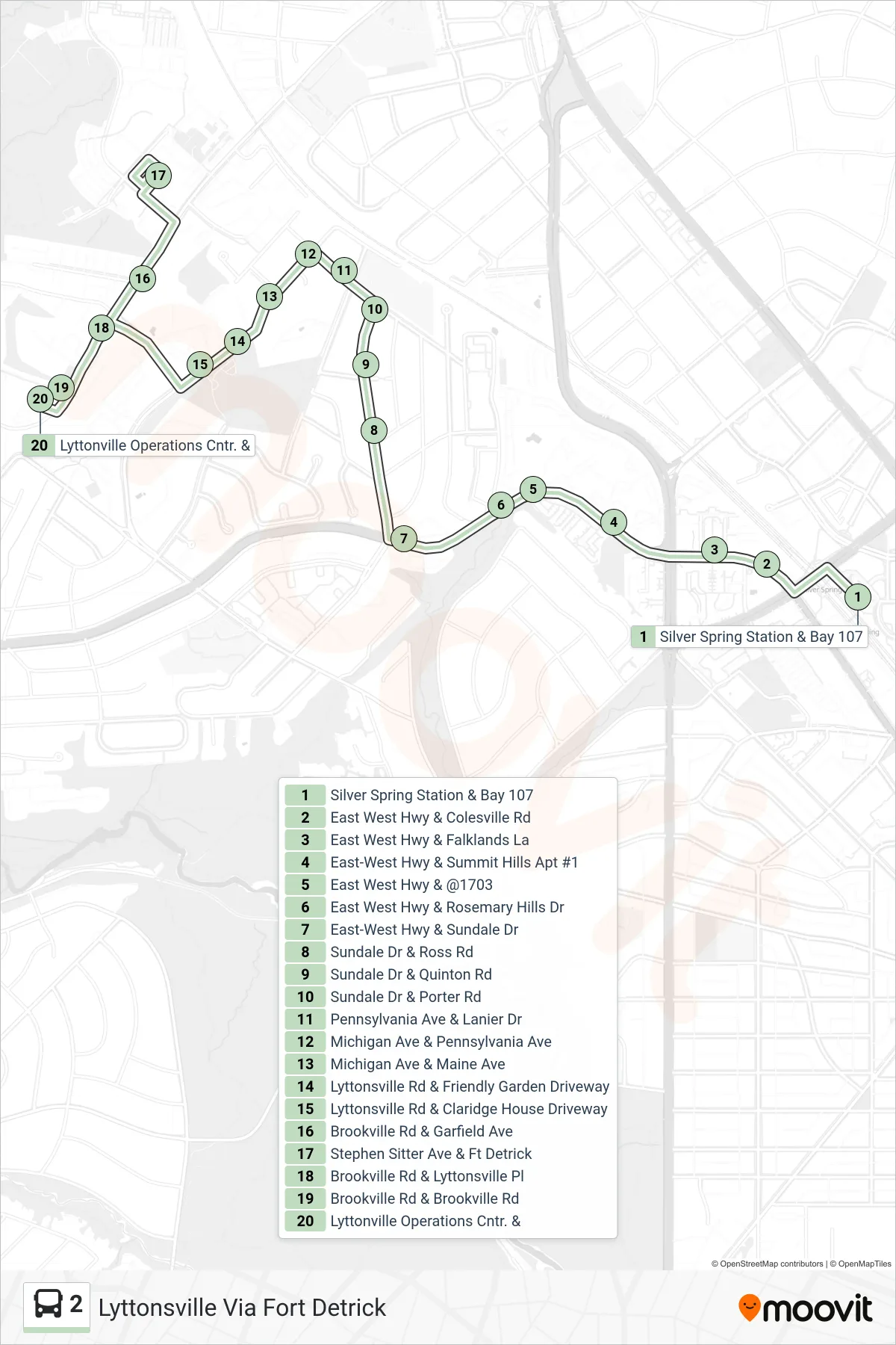 2 bus Line (Lyttonsville Via Fort Detrick) route and stops on a map