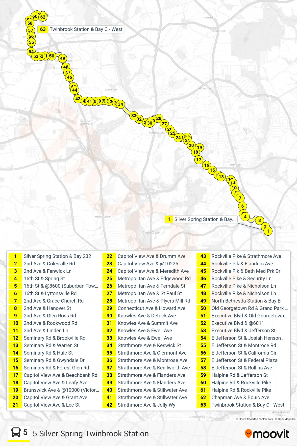 5 bus Line (Twinbrook Victory F) route and stops on a map