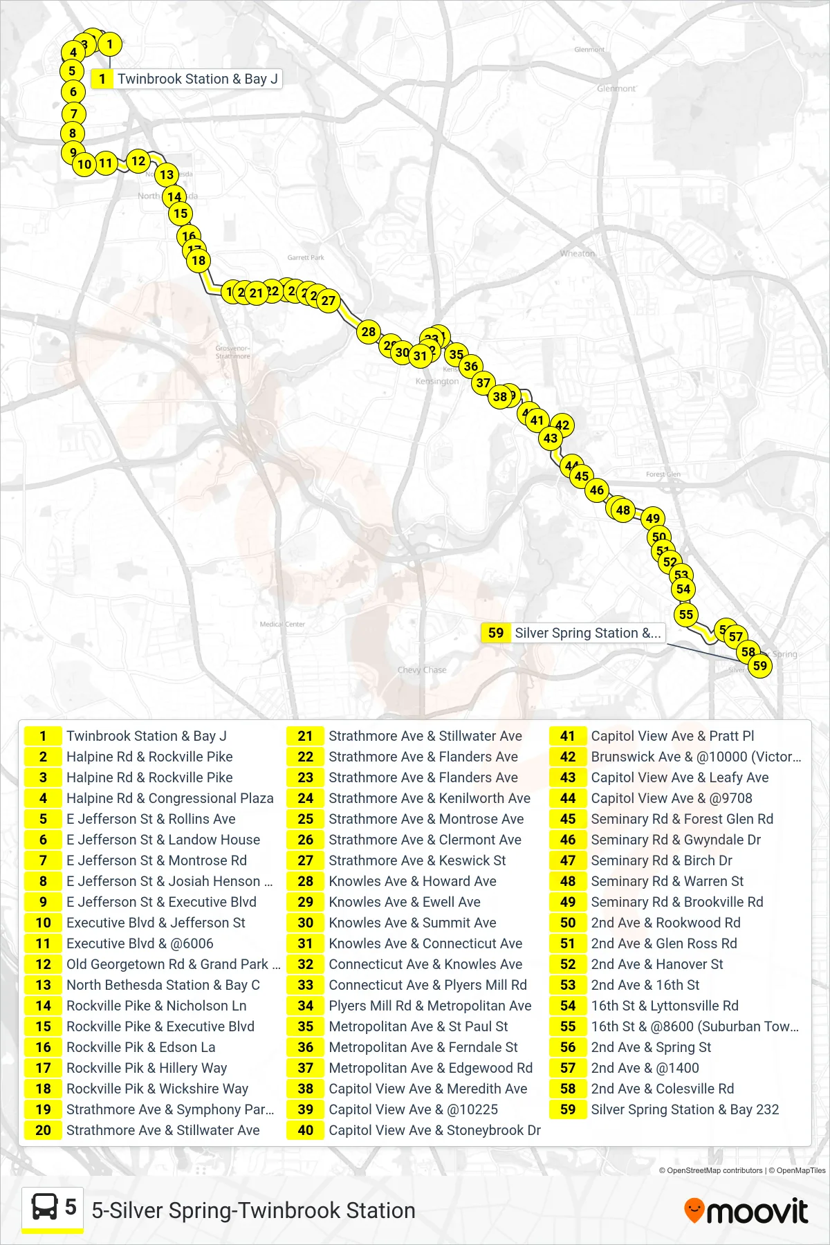 5 bus Line (Silver Spring Victory F) route and stops on a map