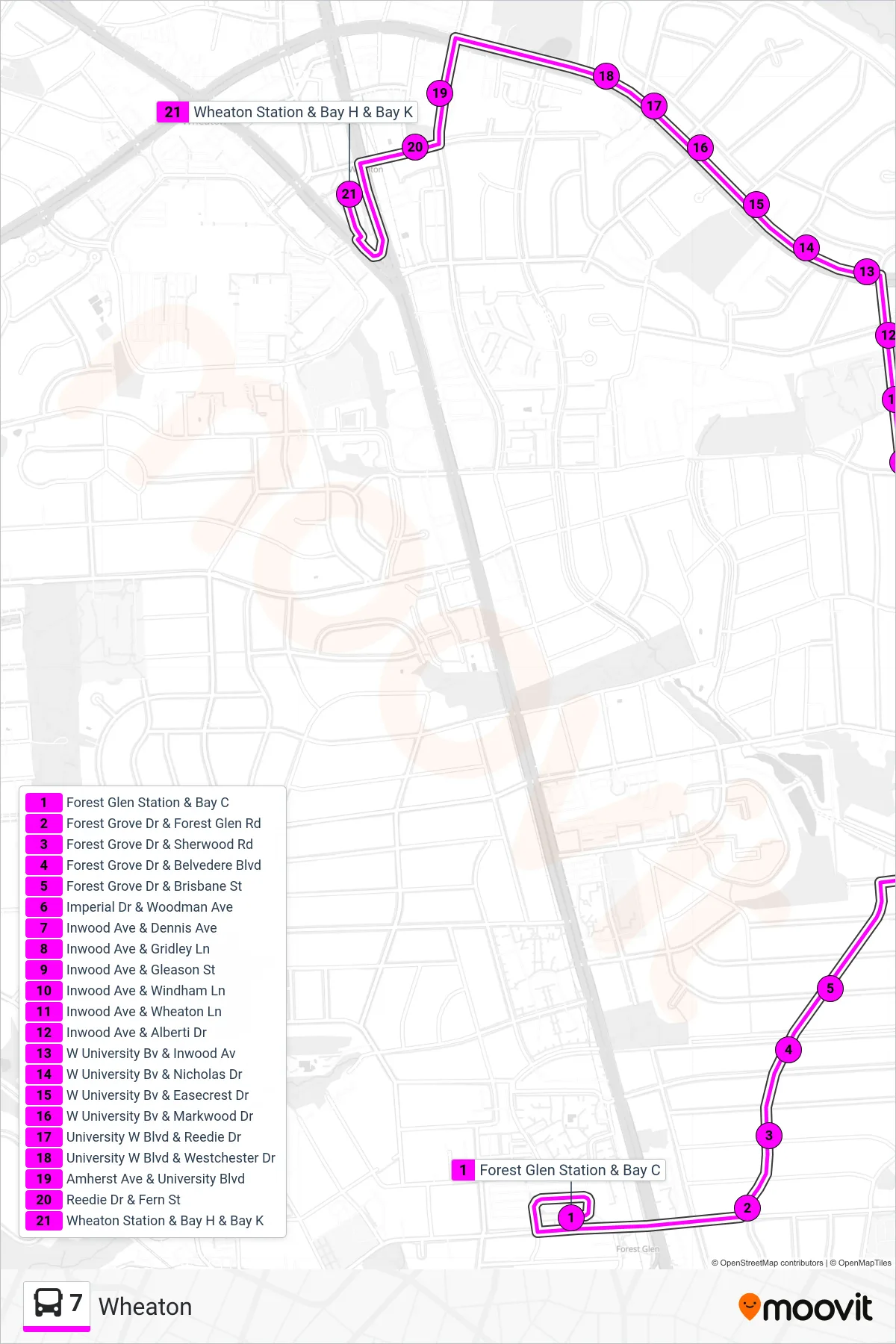 7 bus Line (Wheaton) route and stops on a map