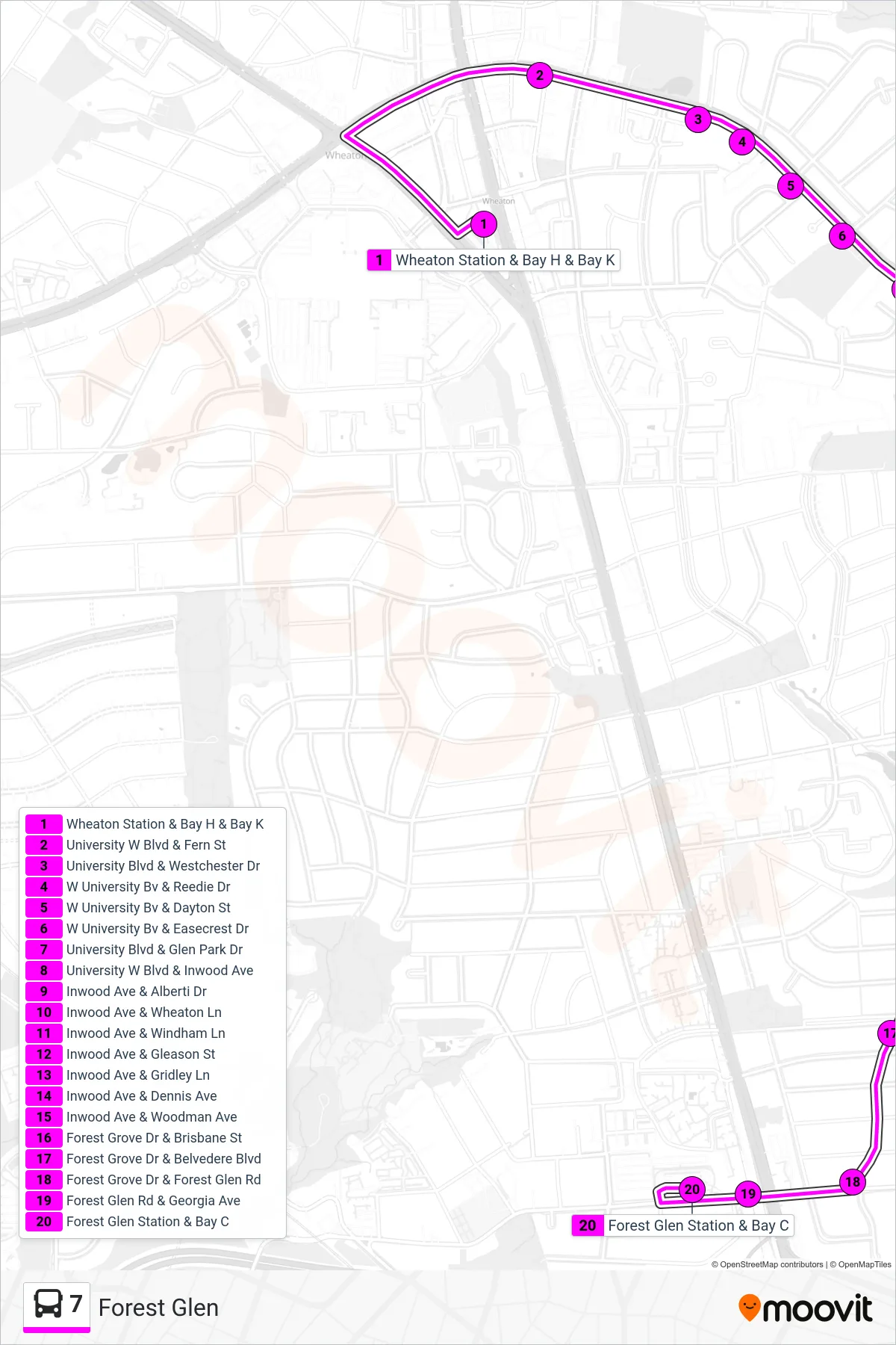 7 bus Line (Forest Glen) route and stops on a map