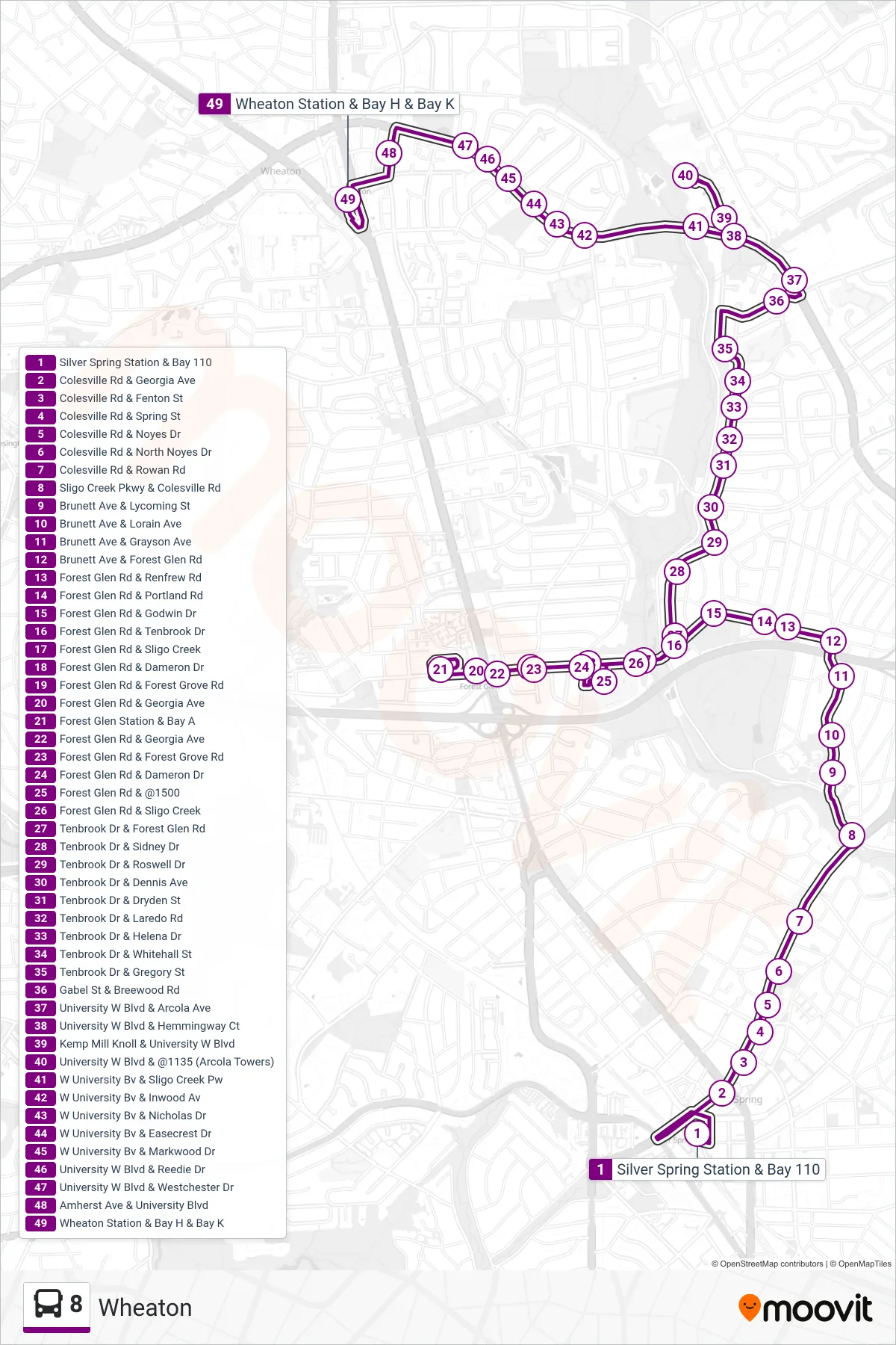 8 bus Line (Wheaton) route and stops on a map