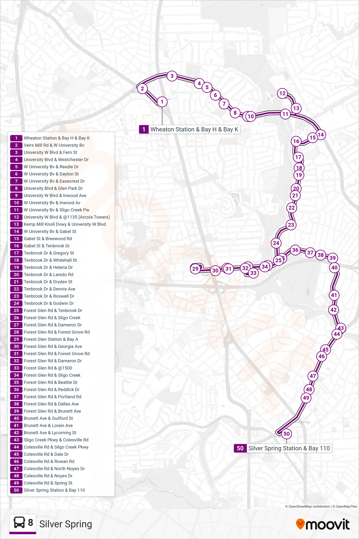 8 bus Line (Silver Spring) route and stops on a map