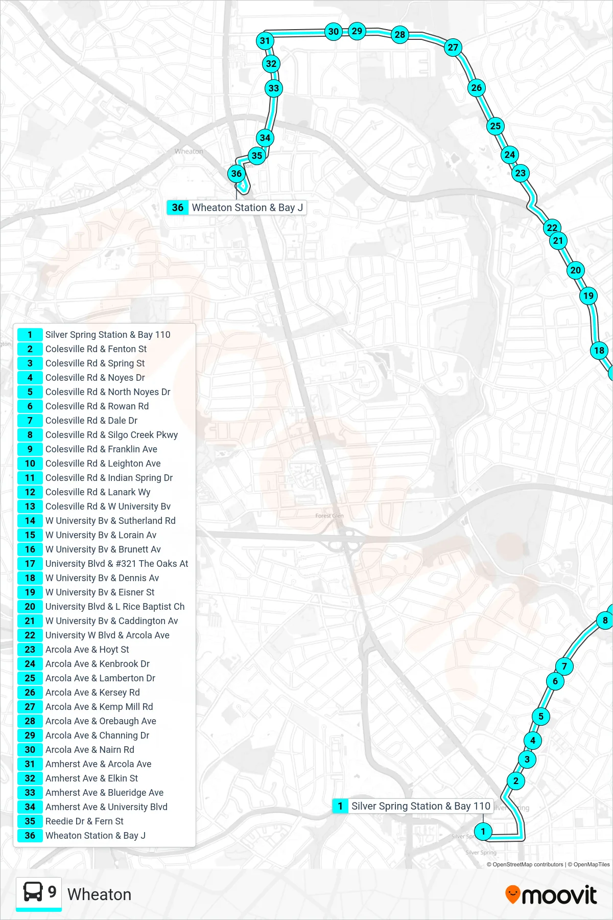 9 bus Line (Wheaton) route and stops on a map