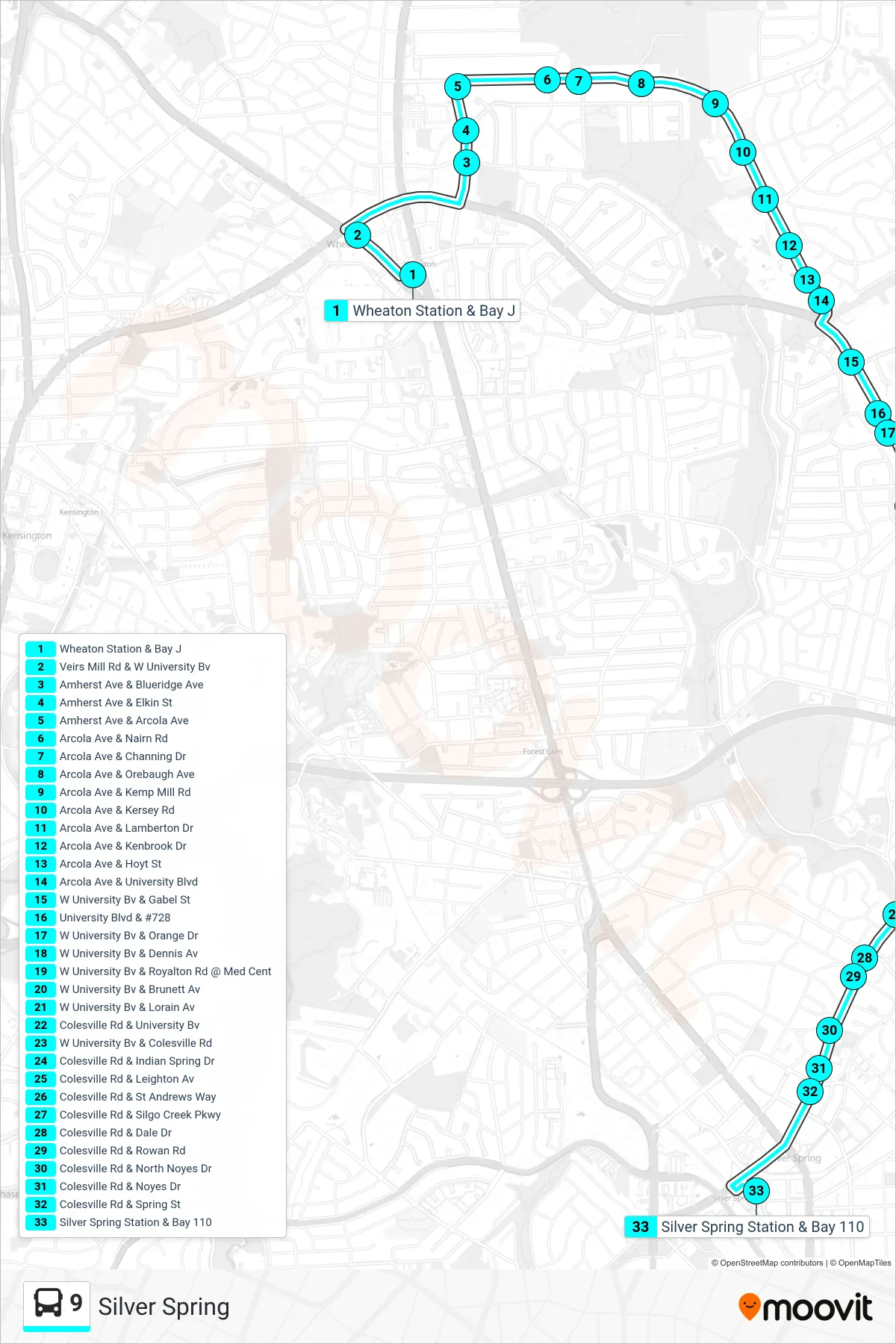 9 bus Line (Silver Spring) route and stops on a map