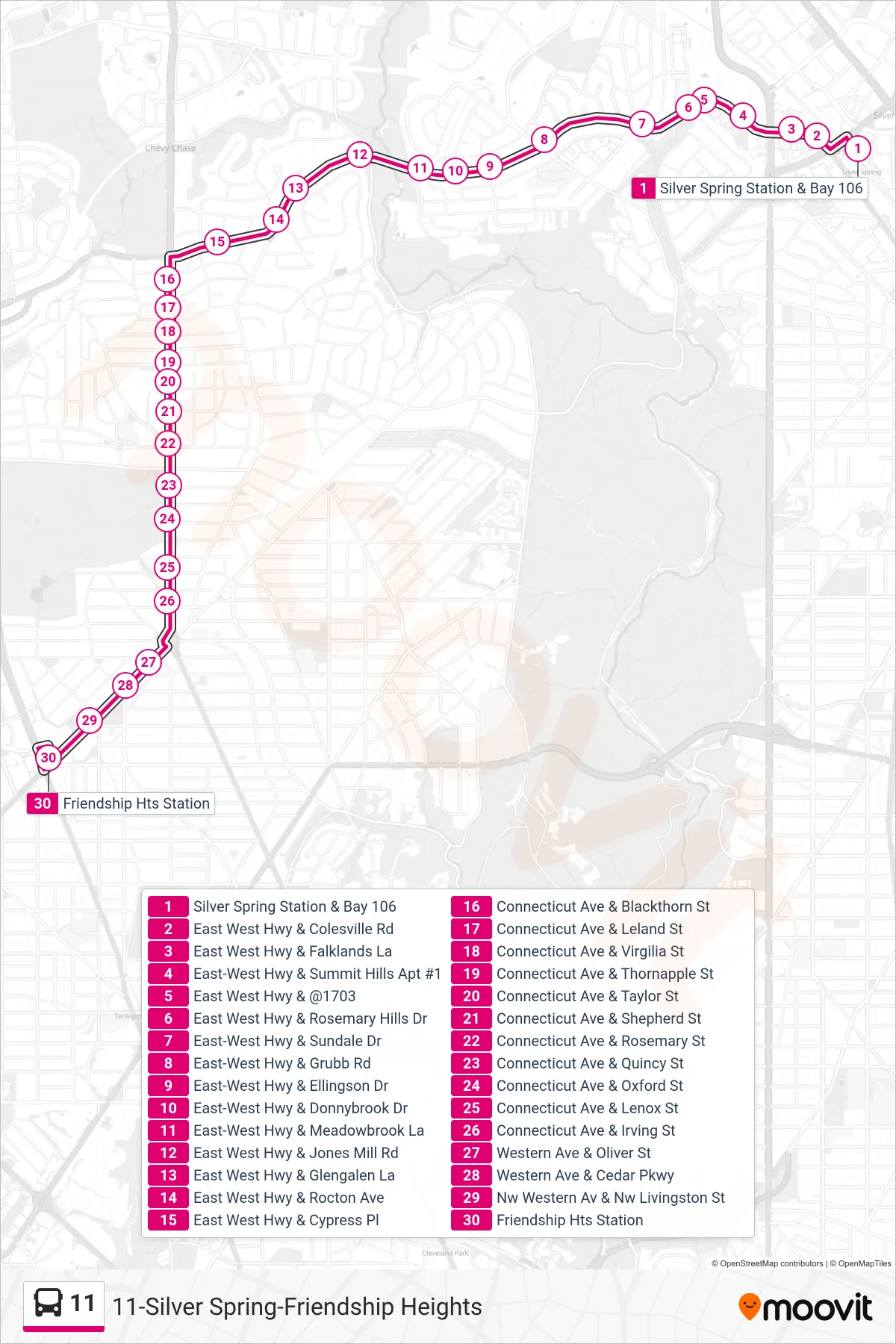 11 bus Line (Friendship Heights) route and stops on a map