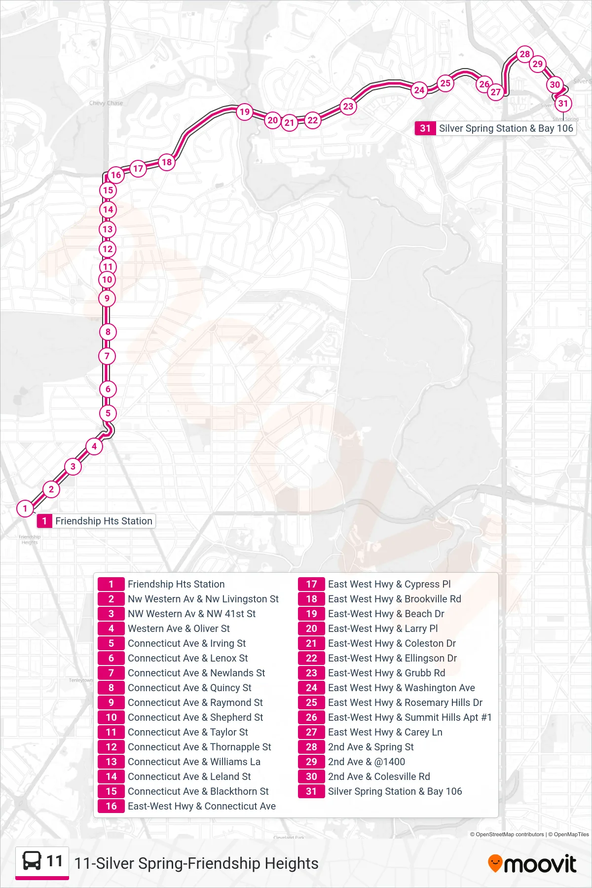 11 bus Line (Silver Spring) route and stops on a map